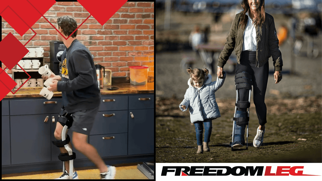 Two Freedom Leg users in action — hands free in the kitchen and walking outdoors with a child