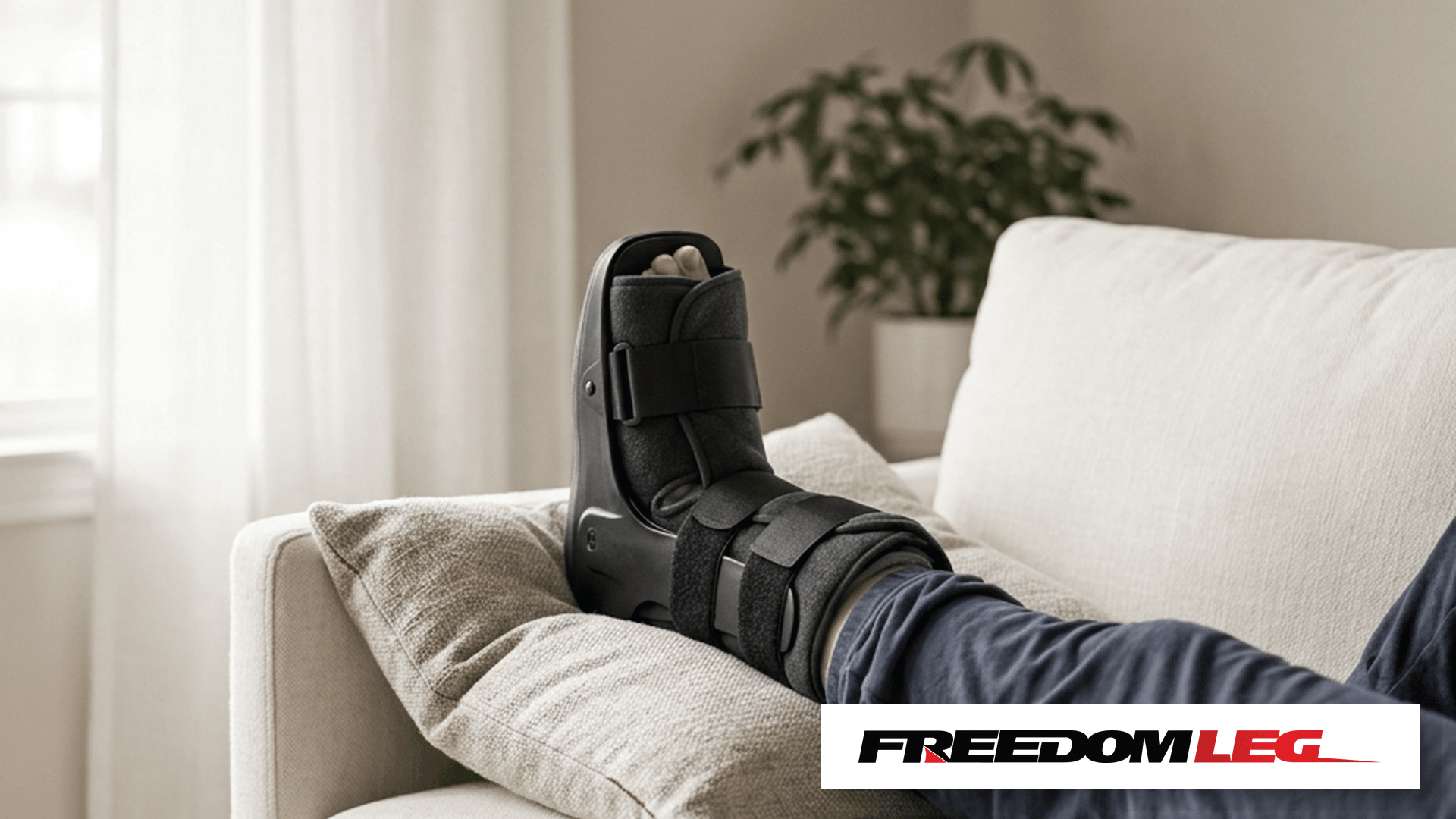 Ankle surgery recovery — booted foot elevated on couch, Freedom Leg branded cover