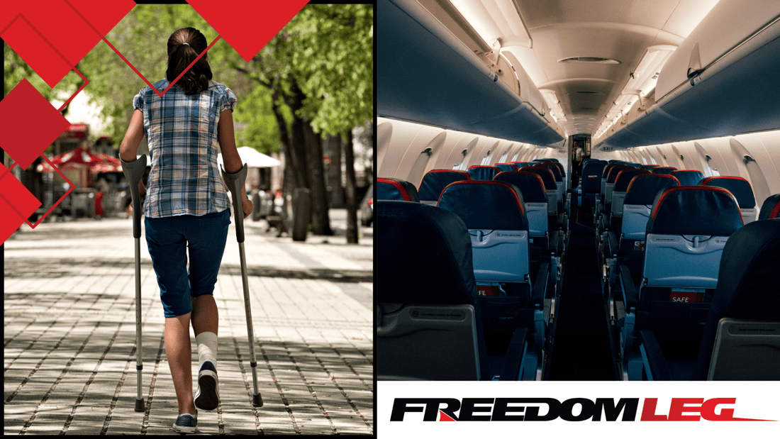 Collage with Freedom Leg branding of woman using crutches outside and inside of an airplane