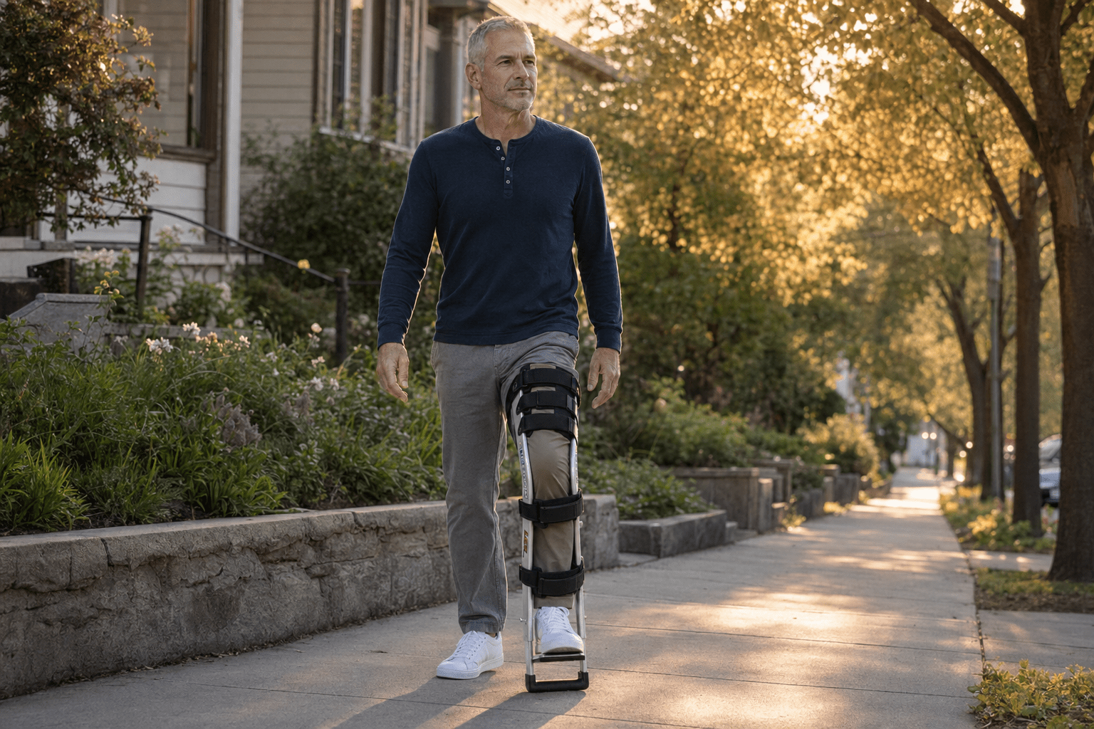 Hands-free recovery, outdoors — a Freedom Leg user walking on a path