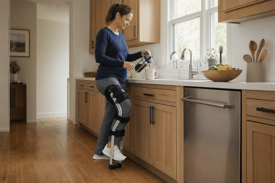 A patient wearing the Freedom Leg brace at a kitchen sink, hands free to wash dishes during non-weight-bearing recovery