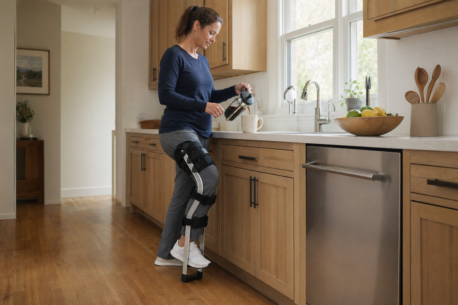 A patient wearing the Freedom Leg brace at a kitchen sink, hands free to wash dishes during non-weight-bearing recovery